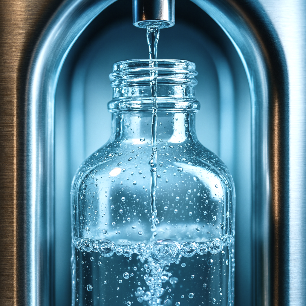Clear glass bottle being filled with water from an air to water machine